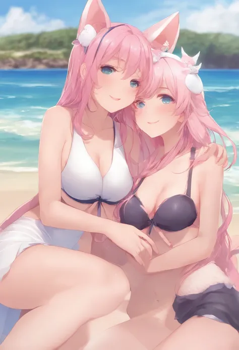 2 girls hugging, pink hair, cat ears, large breasts, long hair, slight smile, blue eyes, wading, kipteitei, big belly, undersized white bikini, beach, loli, view from below