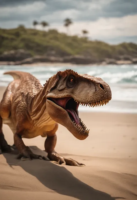 Realistic 4k angled photo of a Maromba T-Rex dinosaur on a beach wearing a white tank top and a Juliet glasses