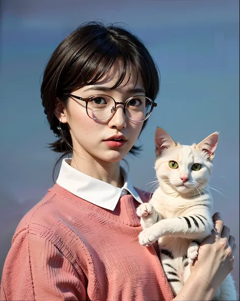 araffe with glasses holding a cat in a pink sweater, woman / cat hybrid, kiko mizuhara, human cat hybrid, by Tadashi Nakayama, kim hyun joo, eiko ishioka, by Eizan Kikukawa, by Kanō Naizen, by Kiyohara Tama, seseon yoon, by Chizuko Yoshida