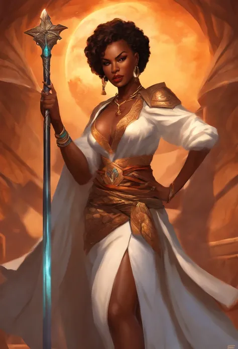 african american woman, dynamic pose, sexy, styalized anime art, mature anime art style, set in dragons dogma universe, is a mage, holding her staff.