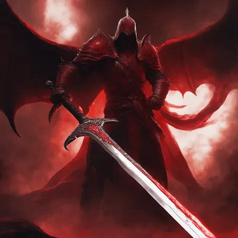 A red greatsword made with blood. The design is dark and made by the devil. The background is black. Around the sword, has a red aura. It has a red aura around it. It has a red smoke around it.