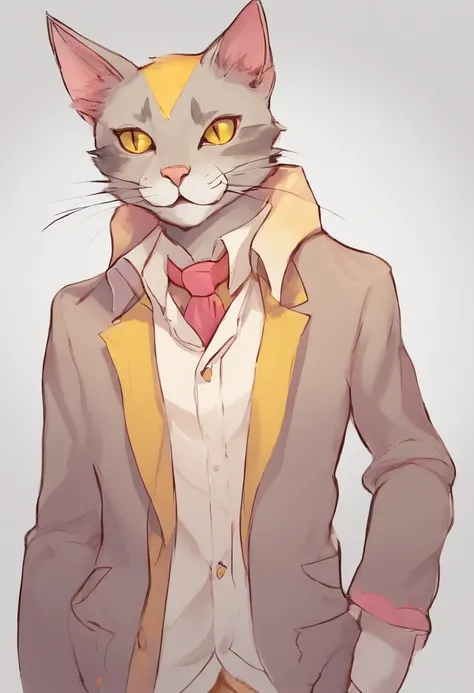 Anthropomorphic gray cat, Yellow cat eyes, Tears in his ears, Simple white shirt, Neutral Brown Jacket, Pink paw pads, Soft expression, Gentle smile