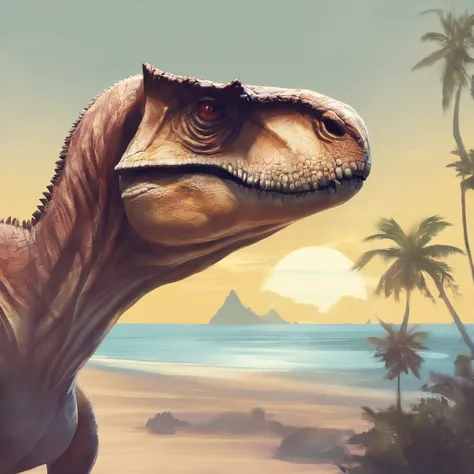 4k realistic profile picture of a Maromba dinosaur wearing a white tank top and a Juliet glasses with a beach background