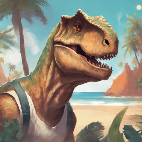 4k realistic profile picture of a Maromba dinosaur wearing a white tank top and a Juliet glasses with a beach background