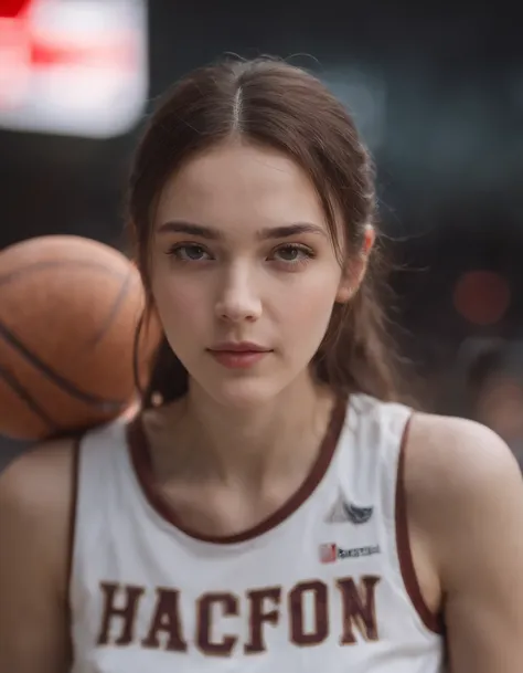 Woman with basketball, Bust，avatar close up，softcolors, high-quality photo, Nikon D850, 50 mm f/1.8