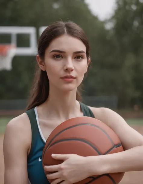 Woman with basketball, Bust，avatar close up，softcolors, high-quality photo, Nikon D850, 50 mm f/1.8