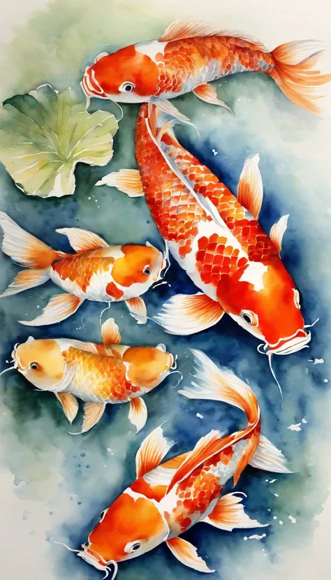 Best quality, tmasterpiece, (9 Koi fish: 1,5), style of hokusai, ukiyoe painting