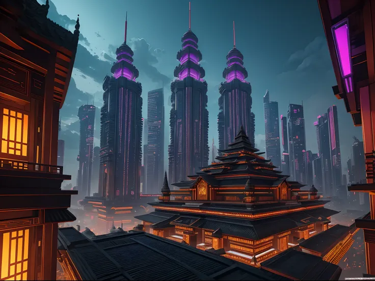 The Great Majapahit Empire in the Future, advanced technology, Cyberpunk Style, Mix of Traditional and Modern Futuristic, High detailed, hyper realistic, View of a Great Kingdom, Buildings with neon lights, Javanese tradition mixed with modern technology