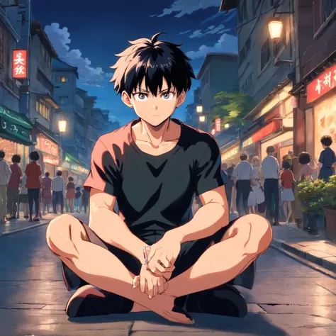 Top quality, masterpiece, ultra high definition, (Real: 1.4), Original photo, (Evening Street), 1 boy, black eyes, looking at the audience, yuji hair (jujutsu kaisen anime character), sitting Ferrari, muscles, neat, park