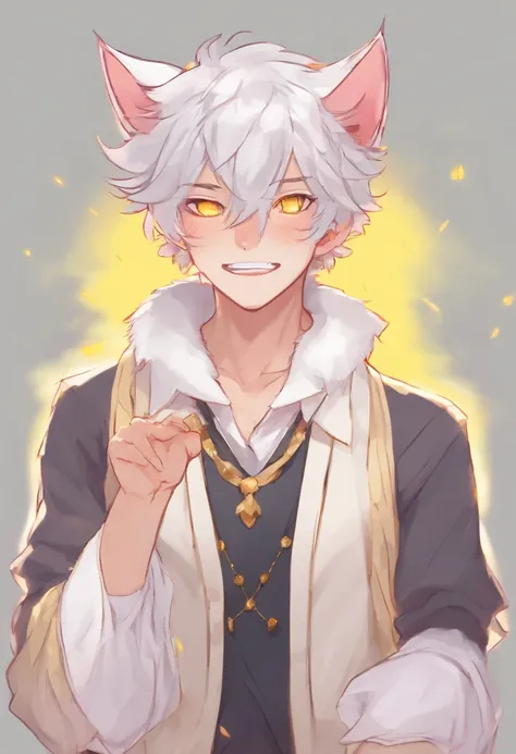 Anthropomorphic cat, gray fur, Yellow cat eyes, Tears in his ears, Simple white shirt, Pink paw pads, Soft expression, Gentle smile, tall