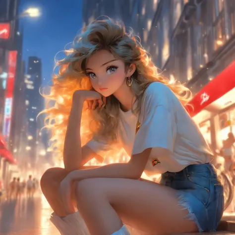 Top quality, masterpiece, ultra high definition, (Real: 1.4), Original photo, (Evening Street), 1 girl, black eyes, looking at the audience, long hair, light makeup, lips, small ears, white t-shirt, denim shorts, earrings, sitting Ferrari,, slim, neat, par...