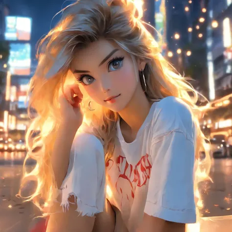 Top quality, masterpiece, ultra high definition, (Real: 1.4), Original photo, (Evening Street), 1 girl, black eyes, looking at the audience, long hair, light makeup, lips, small ears, white t-shirt, denim shorts, earrings, sitting Ferrari,, slim, neat, par...