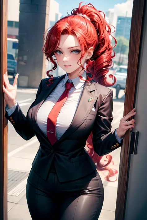 (obra-prima, melhor qualidade: 1.3), POV, A woman, Red curly hair, ponytail, satisfied look, thin nose, Big breasts,Dark scabs on the nose, square jaw, wearing business suit with tie