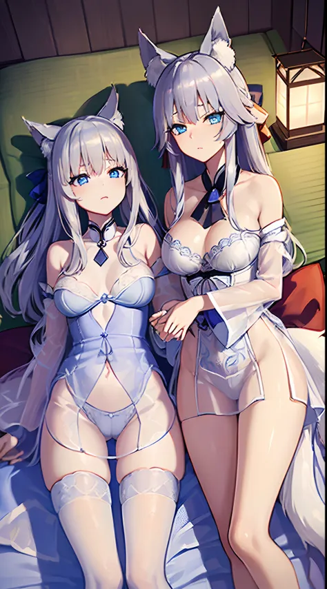 ((8K)), ((​masterpiece)), ((top-quality)), ((超A high resolution)), Raw photo,proffesional, extra detailed face, (A sexy), (独奏), (tamamo(Fate/extra)), ((Silver fox ears:1.2)), (Beautiful silver fox woman), (Silvery tail), tail, Hair Ribbon, (beutiful breast...