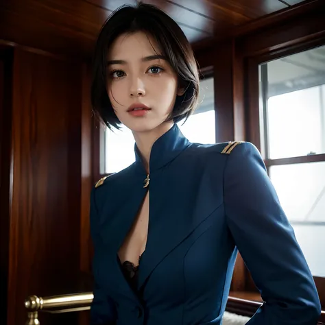 (​masterpiece、top-quality), 1 female,, age 24，Tall lady，short-cut，A dark-haired，hair adornments，blue eyess，broad shoulder, finely eye and detailed face, the Extremely Detailed CG Unity 8K Wallpapers, intricate detailes, Fantastic，royal, nobles, Viceroy, Fl...