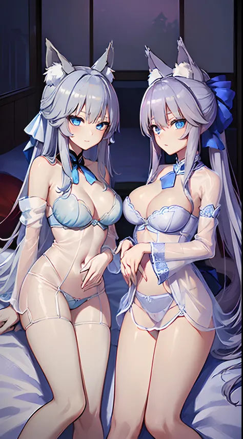 ((8K)), ((​masterpiece)), ((top-quality)), ((超A high resolution)), Raw photo,proffesional, extra detailed face, (A sexy), (独奏), (tamamo(Fate/extra)), ((Silver fox ears:1.2)), (Beautiful silver fox woman), (Silvery tail), tail, Hair Ribbon, (beutiful breast...