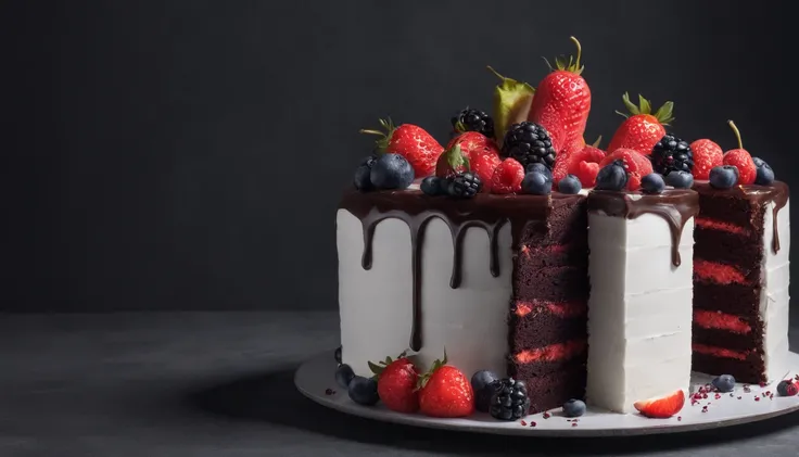 a delicious cake, cinematic, professional photography, studio lighting, studio background, advertising photography, intricate details, hyper-detailed, ultra realistic, 8K UHD