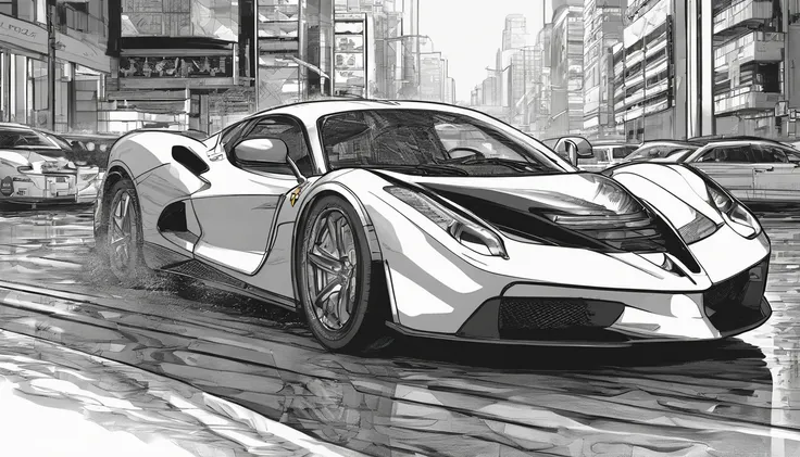 best quality, masterpiece, photo, 4K, photorealistic, highly detailed, La Ferrari, techwear, cyberpunk city, solo, futuristic, black and white, by Akira Toriyama, closeup,