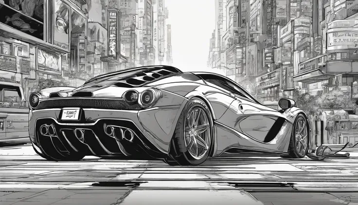 best quality, masterpiece, photo, 4K, photorealistic, highly detailed, La Ferrari, techwear, cyberpunk city, solo, futuristic, black and white, by Akira Toriyama, closeup,