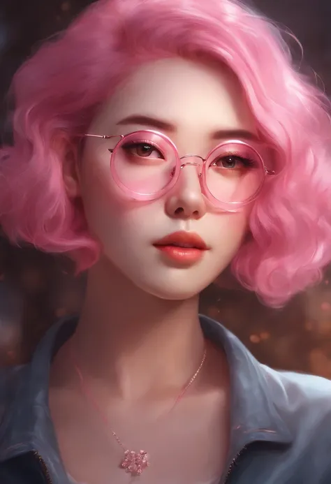 Close-up of a woman with pink hair wearing glasses, artwork in Guvez style, Guvez, kawaii realistic portrait, inspired by Seihiko-kun, glowing pink face, pink girl, beautiful anime portrait, pink glasses, glowing pink eyes, realistic anime 3 D style, Yanju...