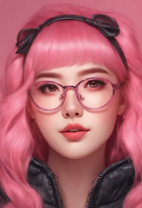 Close-up of a woman with pink hair wearing glasses, artwork in Guvez style, Guvez, kawaii realistic portrait, inspired by Seihiko-kun, glowing pink face, pink girl, beautiful anime portrait, pink glasses, glowing pink eyes, realistic anime 3 D style, Yanju...