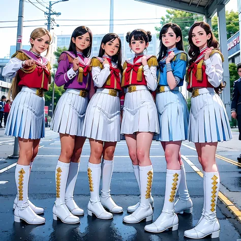 Four girls in uniform taking pictures with their coats, 8K)), magic uniform university, 🚿🗝📝, 8K!!, 8K!, tokusatsu, toei, SSAO 8 K, JK Uniform, captured on canon eos r 6, White uniform, Seifuku, by Sailor Moon, 🐝👗👾