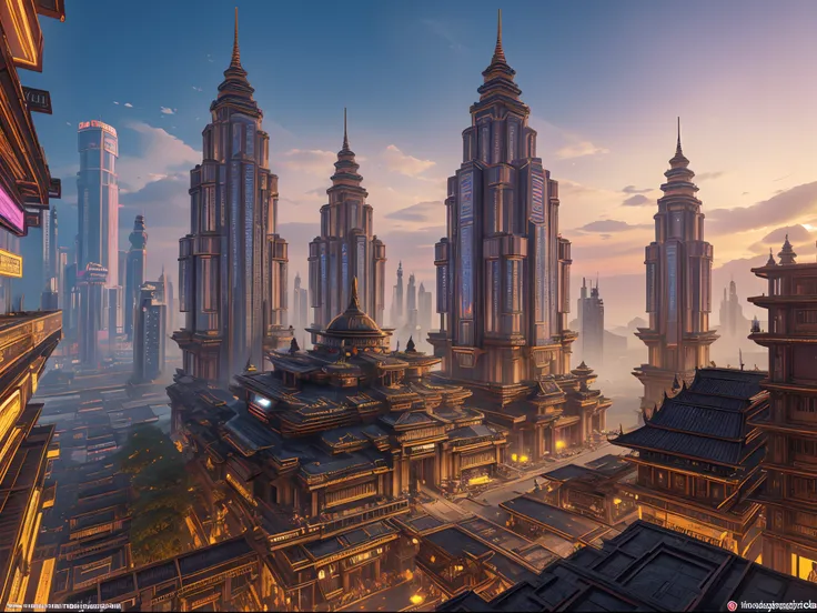 (masterpiece), (Majapahit), (kingdom), (Java), (cyberpunk), The Great Majapahit Empire in the Future, advanced technology, Cyberpunk Style, Mix of Traditional and Modern Futuristic, High detailed, hyper realistic, View of a Great Kingdom, Buildings with ne...