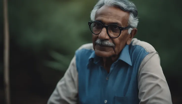 portrait of an elderly brown-skinned man with black hair, wearing round glasses and a blue shirt, on a simple blue background, depth of field, super detail, photographed with a Leica Camera AG Leica M10, 50 mm lens