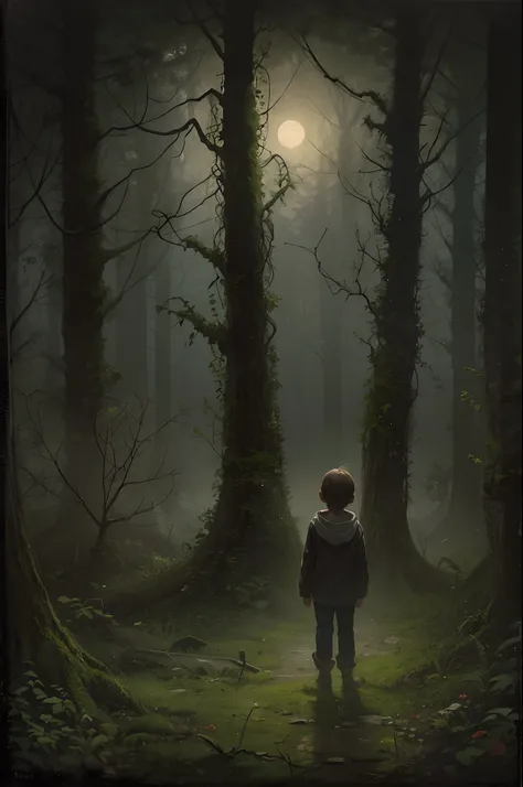 Amidst the eerie, moonlit forest, a forlorn scene unfolds. The towering trees, their branches gnarled and twisted, create a dense canopy that barely allows any moonlight to penetrate. At the center of the painting, a young child, no more than eight years o...