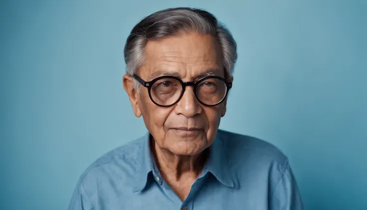 portrait of an elderly brown-skinned man with black hair, wearing round glasses and a blue shirt, on a simple light blue background, depth of field, super detail, photographed with a Leica Camera AG Leica M10, 50 mm lens