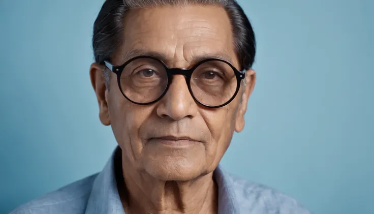 portrait of an elderly brown-skinned man with black hair, wearing round glasses and a blue shirt, on a simple light blue background, depth of field, super detail, photographed with a Leica Camera AG Leica M10, 50 mm lens