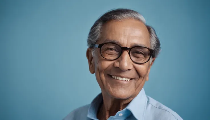 portrait of an elderly brown-skinned man with black hair, smiling, wearing round glasses and a blue shirt, on a simple light blue background, depth of field, super detail, photographed with a Leica Camera AG Leica M10, 50 mm lens