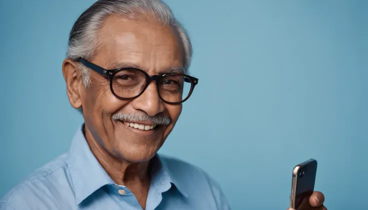 portrait of an elderly brown-skinned man with black hair, smiling, holding a smartphone, wearing round glasses and a blue shirt, on a simple light blue background, depth of field, super detail, photographed with a Leica Camera AG Leica M10, 50 mm lens