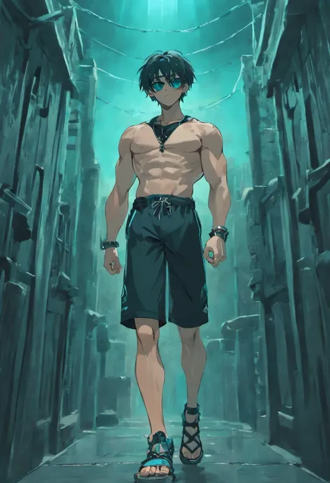 a muscular skeleton wearing a black baseball hat a black Tank top cyan swim shorts cyan flipflops and sunglasses flexing