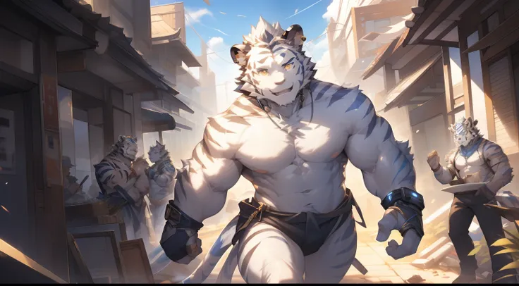 (by null-ghost, by thebigslick, By Darkgem, by Honovy), Kogenta (Onmyoji Oyamaji Temple), high-definition photograph, Perfect anatomy, Anthropomorphic white tiger, male people, 20yr old, Thick eyebrows, Light blue stripes, Strong body, large pecs, (Fully n...