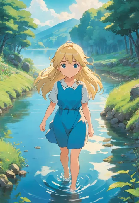 Fille , cheveux blonde , yeux bleu arrondie , qui marche sur un lac en campagne avec un temps nuageux