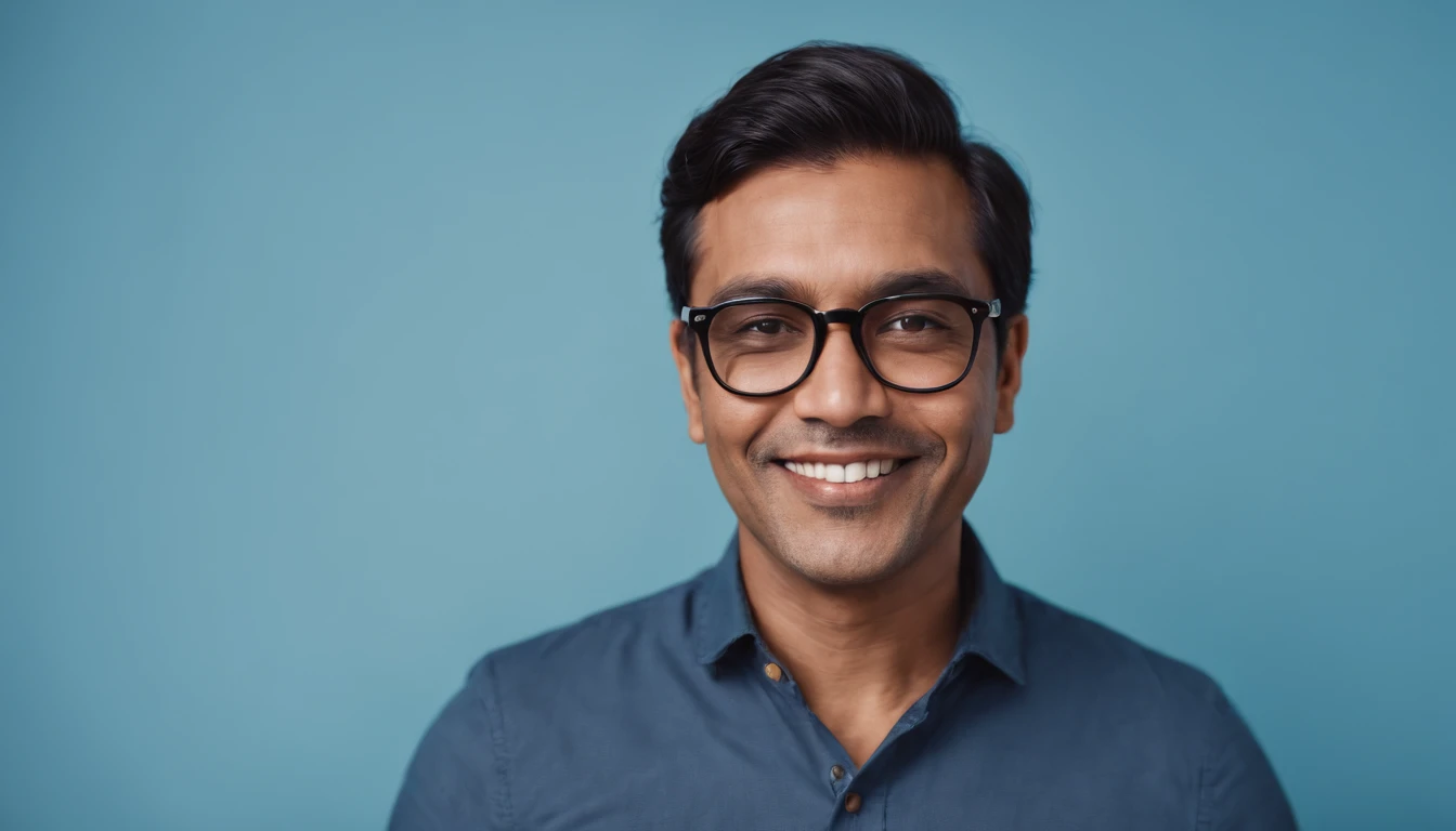 portrait of an middle-aged brown-skinned man with black hair, smiling, holding a smartphone, wearing round glasses and a blue shirt, on a simple light blue background, depth of field, super detail, photographed with a Leica Camera AG Leica M10, 50 mm lens