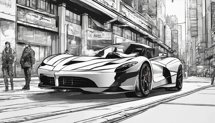 best quality, masterpiece, photo, 4K, photorealistic, highly detailed, La Ferrari, techwear, cyberpunk city, solo, futuristic, black and white, by Akira Toriyama, ((1:3 ratio object:background))