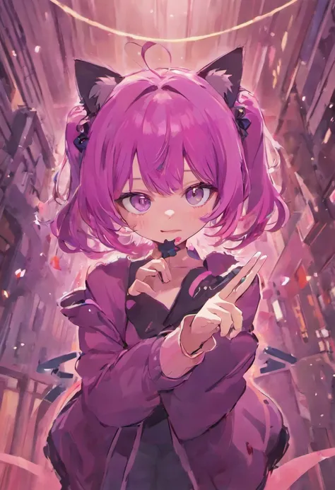 anime girl with purple hair and black cat ears making a peace sign, anime style. 8k, anime moe artstyle, vrchat, live2d virtual youtuber model, anime vibes, hololive, gapmoe yandere, anime visual of a cute girl, anime style like fate/stay night, anime styl...