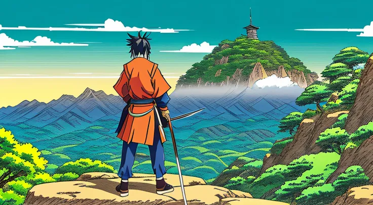 Miyamoto Musashi standing with his back on top of a mountain with a landscape in the background, 2D manga style drawing, Studio Ghibli