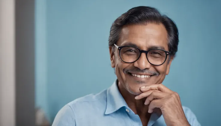 portrait of an 60 year old brown-skinned man with black hair, smiling, holding a smartphone, wearing round glasses and a blue shirt, on a simple light blue background, depth of field, super detail, photographed with a Leica Camera AG Leica M10, 50 mm lens