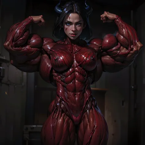 (8k, RAW photo, photorealistic:1.25), (carnage:1.5),(demoness with Large horns:1.25),(1 super muscular succubus with flayed skin:1.5), (covered in thick muscle suit:1.5), (exposed perfect anatomy:1.5), (carnage muscle anatomy:1.5),  high detail, best quali...