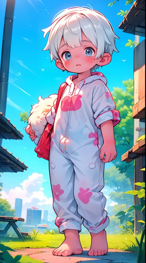 cute boy, small boy, ((young)), shota, wearing a onesie, barefoot, kid, kemono, ((shota)), ((onesie)), short hair, ((boy)), (whi...