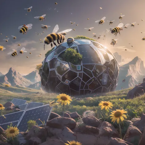 a picture of a green planet with solar panels with a bee flying over it, cleaning future, 8k cleaning future, 16 k cleaning future, cover art, future concept art, near future 2 0 3 0, near future, enviromental portrait, solar energy!!!, environmental conce...