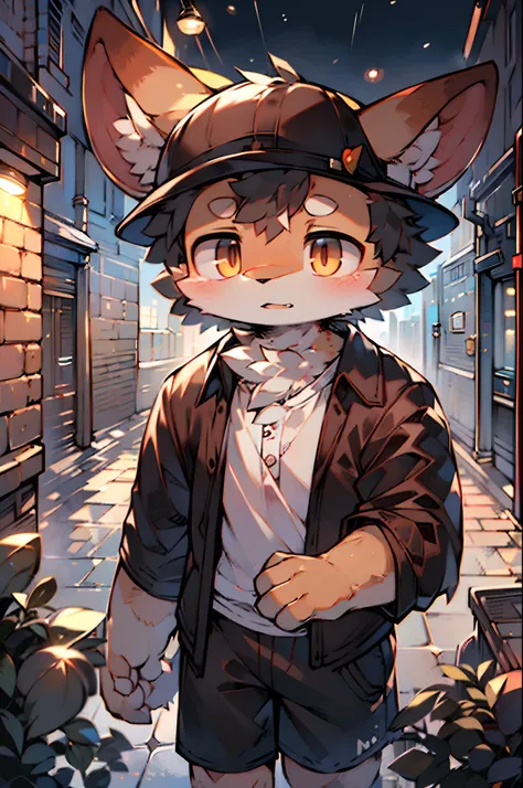 (best quality,4k,highres,masterpiece:1.2),(ultra-detailed,extremely detailed),rainy,London street in the 20th century,running alone in the rain,average build,light orange fur,wearing a worn-out white shirt,black shorts,brown tattered coat,wearing a hat wit...