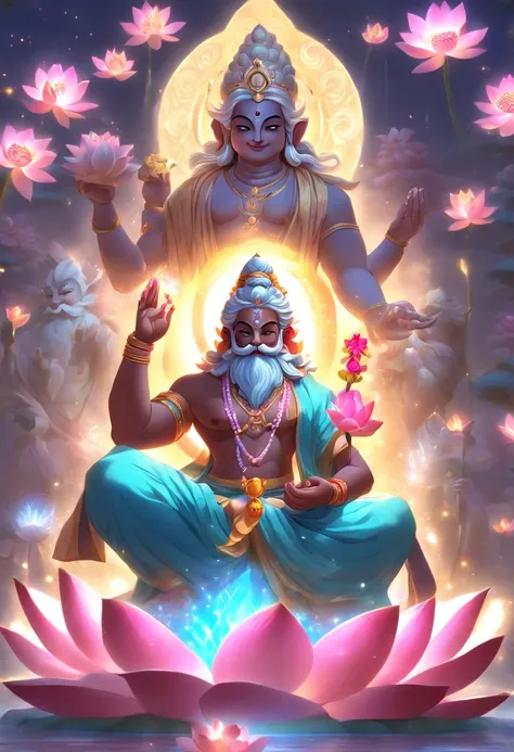 (((Hindu God))) best quality, ultra-high resolution, 4K detailed CG, masterpiece, Brahma, old man, old man, Indian, white beard, Hindu mythology, sitting on lotus flower, ((sitting on flower lotus) ) Hindu, aesthetic, beautiful, screen-centered image