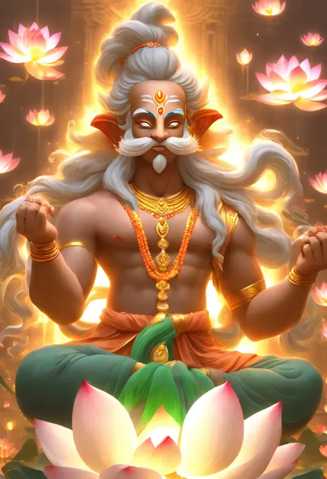 (((Hindu God))) best quality, ultra-high resolution, 4K detailed CG, masterpiece, Brahma, old man, old man, Indian, white beard, Hindu mythology, sitting on lotus flower, ((sitting on flower lotus) ) Hindu, aesthetic, beautiful, screen-centered image