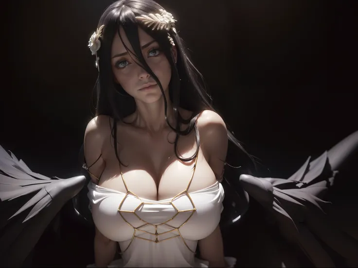 (((albedo)))8k,((overlord))(((Amazing tits)))caliente, hermosa,((Hornie)),(((viste un vestido blanco )))((tiene cuernos)))8k, hiperrealista todo como un motor irreal trazado de rayos render ((estilo humano hiperealista)),(((Empty dark background))). hiperr...