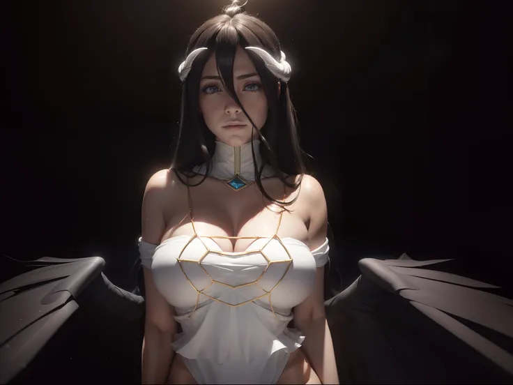 (((albedo)))8k,((overlord))(((Amazing tits)))caliente, hermosa,((Hornie)),(((viste un vestido blanco )))((tiene cuernos)))8k, hiperrealista todo como un motor irreal trazado de rayos render ((estilo humano hiperealista)),(((Empty dark background))). hiperr...