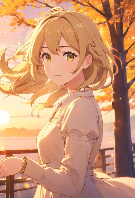 masterpiece, best quality, movie still, 1woman, close-up, bright, happy, warm soft lighting, sunset, (sparks:0.7), blonde hair, ringlet hair, golden eyes, shy, golden tree background, long hair, blush, hands to chest, hands clasped, yellow dress, fantasy, ...